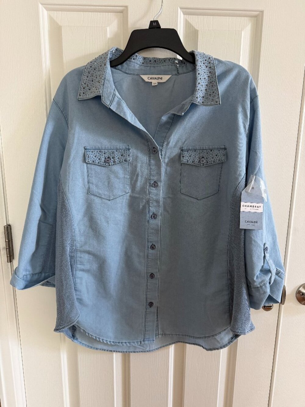 Cavalini Chambray Denim Button Down Shirt Rhinestone Embellished Women's Size 2X